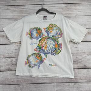 Vintage 90s Oneita Hawaii Fish S Ruki Painted T-Shirt Womens L White Made in USA